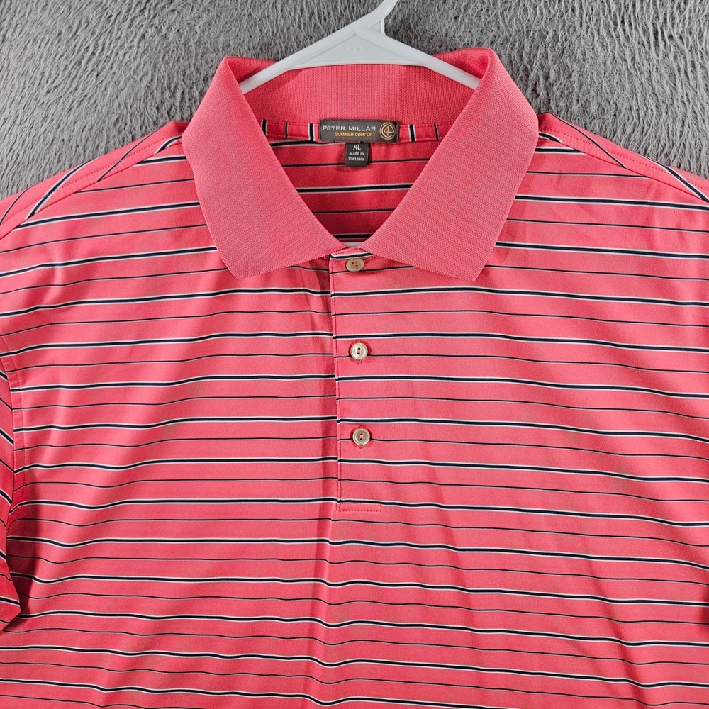 Peter Millar Summer Comfort Mens XL Pink Striped Performance Golf Polo